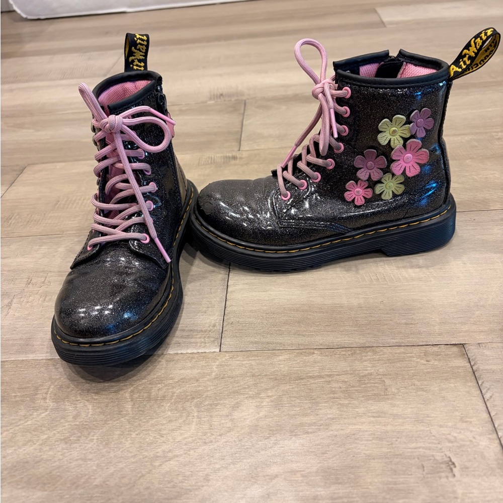 Dr. Martens Black Boots with Floral Design and Pink Laces